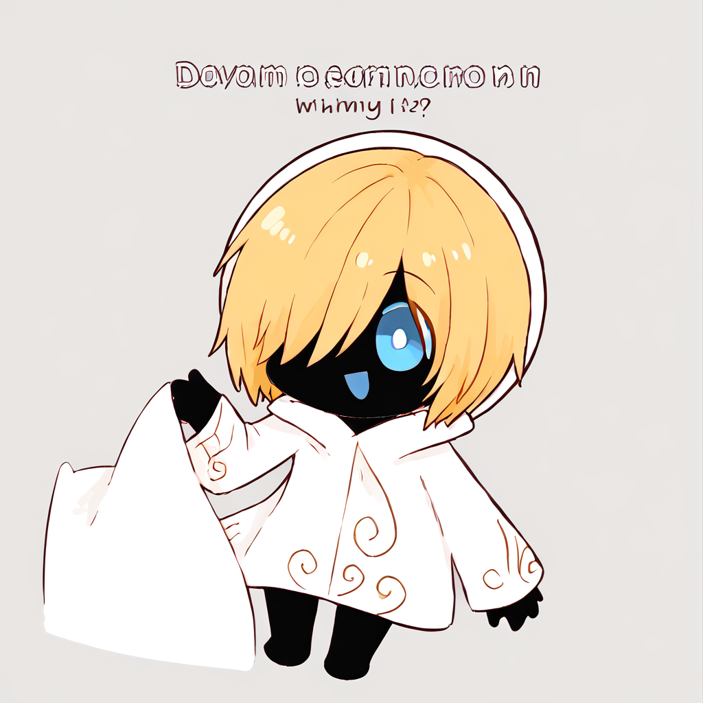 <lora:Bone_Maiden:1> bonemaiden, blonde hair, blue eyes, black skin, colored skin, hood, cloak, short hair, no mouth, hair over one eye
 <lora:Seggs_XLPD:0.8> Seggs, chibi, open mouth, smile, english text