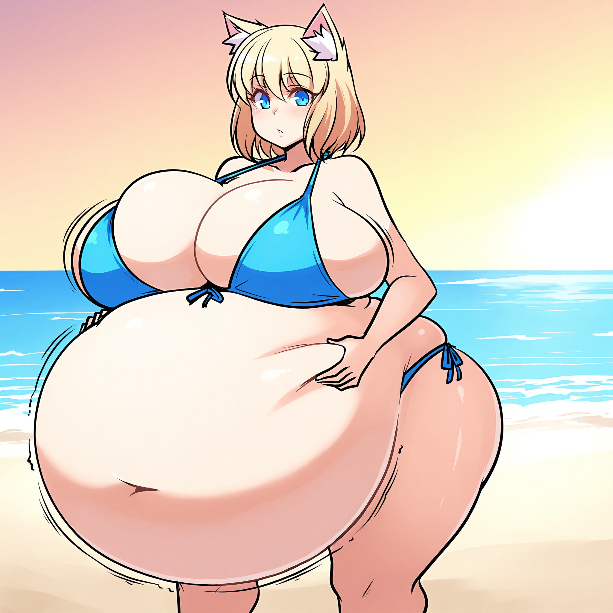(masterpiece), best quality, (highly detailed), 1female, solo, <lora:Alpha_Erasure_Style_Illustrious:0.8>, beach, fat, huge belly, big breasts, cat ears, bikini, blonde hair, blue eyes,
