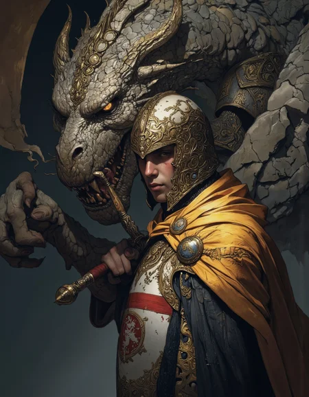 By Phandigrams. A digital illustration shoot from a side camera angle about a knight in ornate armor with a menacing dragon looming behind him. the image also shows detailed textures and a dark, ominous atmosphere. on the middle of the image, a 1boy, who appears to be in his early twenties, is facing the viewer with a serious expression, wearing a medieval-style helmet and a yellow cape, holding a sword in his right hand. he is positioned in the foreground, with his upper body visible, and his face is obscured by the helmet. the knight's armor is detailed with intricate patterns and textures, and he is wearing a pair of gauntlets on his left shoulder. behind him, a large, menacing dragon with glowing orange eyes and sharp teeth is looming, its mouth open in a menacing expression. the background is dark and ominous, with a hint of stone, adding to the sense of danger and foreboding.