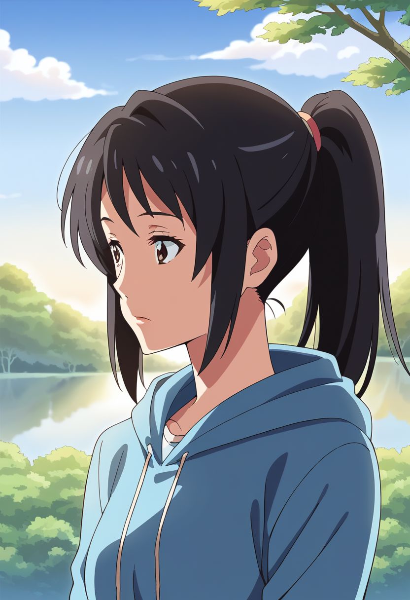 (masterpiece),mitsuha miyamizu,1girl, solo, black hair, brown eyes, ponytail, outdoors, sky, day, cloud, hood, tree, hoodie