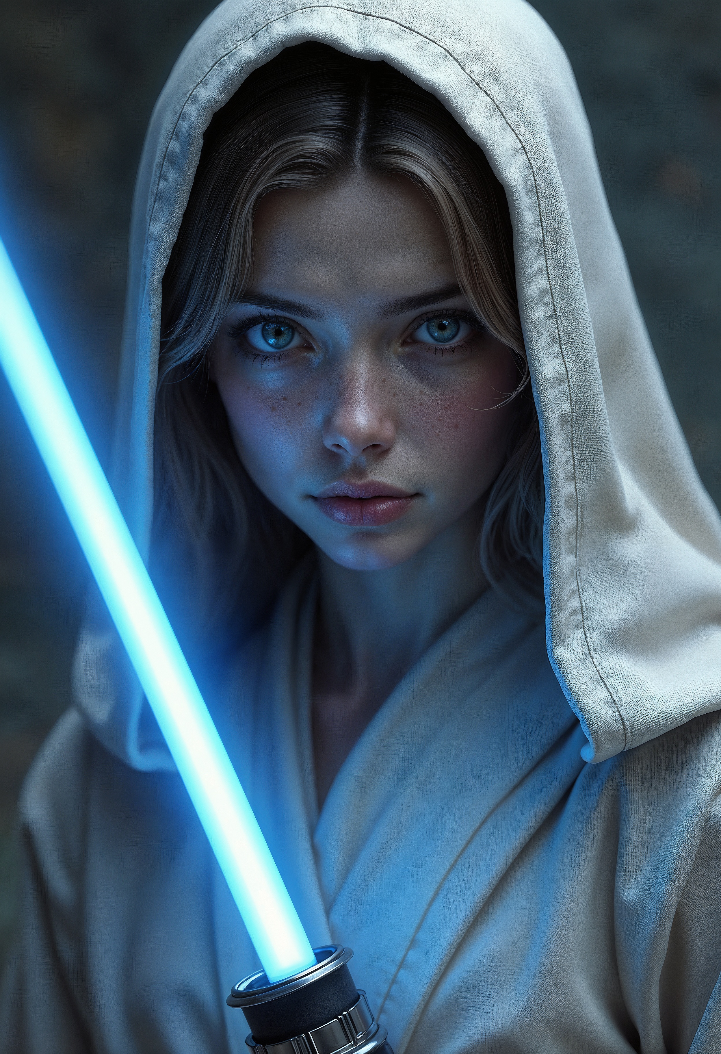 A calm yet resolute Jedi girl from the Star Wars universe stands before us, draped in a flowing, hooded robe. Her eyes shine with a serene light, radiating peace and determination. In her hand, she wields a blue lightsaber, its blade casting a soft, reassuring glow on her features. This ultra-realistic portrait captures every intricate detail of her noble beauty, from the graceful folds of her attire to the unwavering focus in her luminous eyes. This high-quality image immerses viewers in a world of hope, courage, and the enduring spirit of the Jedi. (maximum ultra high definition image quality and rendering:3), maximum image detail, maximum realistic render, (((ultra realist style))), realist side lighting, , 8K high definition, realist soft lighting, (amazing special effect:3.5)