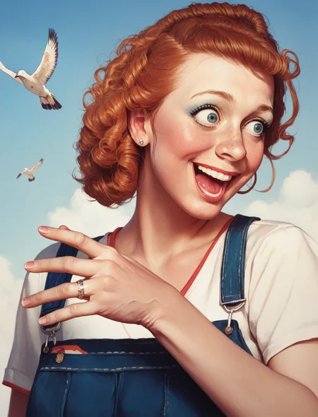score_9, score_8_up, score_7_up, score_6_up, score_5_up, score_4_up, rating_safe,

norman rockwell style, 1girl, a young woman looking at a new wedding ring on her finger, open hand, wide eyes, excited, happy, ginger, curled hair, makeup, blue sky, (seagulls in the distance:0.5),