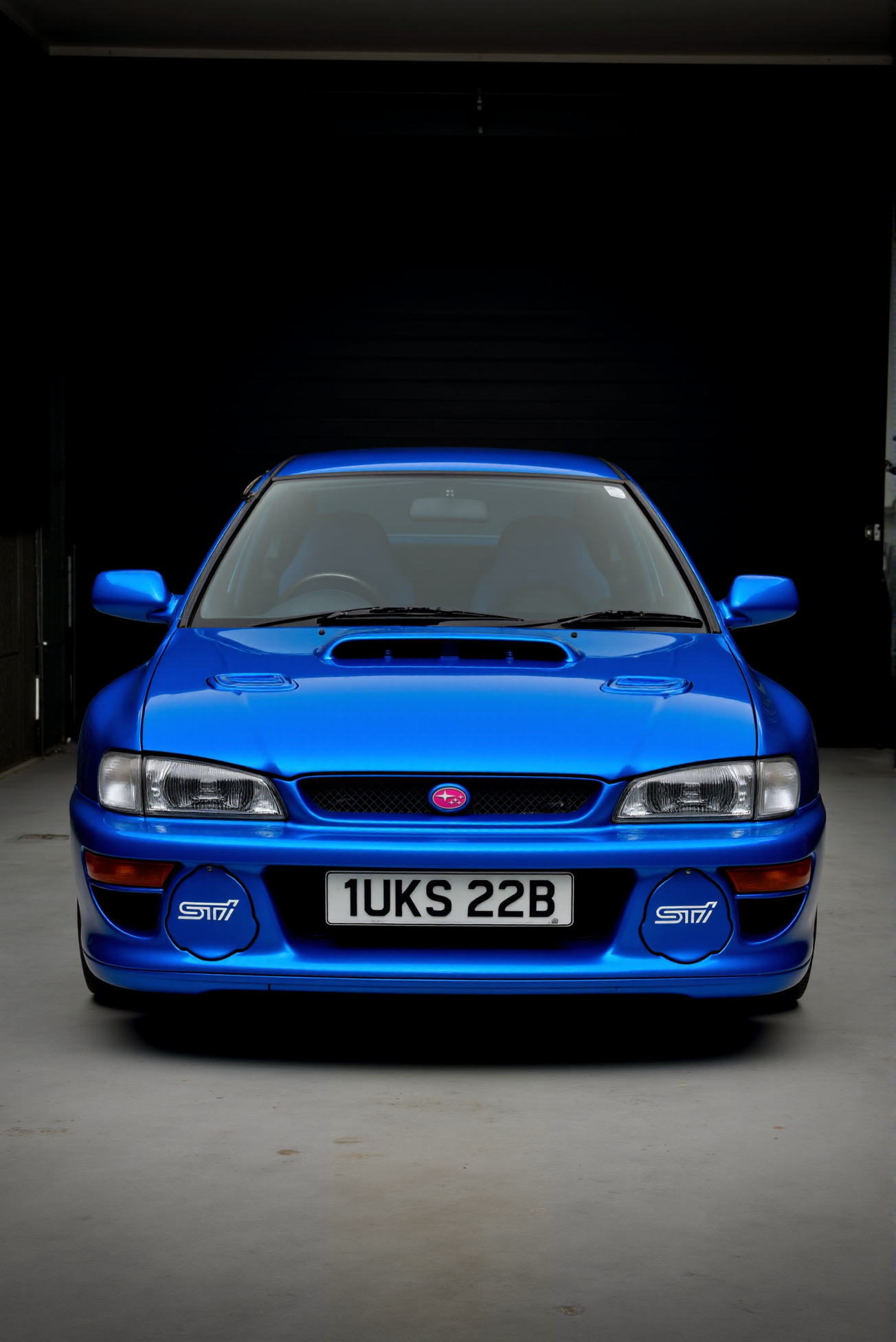 <lora:Subaru_Impreza_WRX_STI_22b:0.8>
A clean studio-style three-quarter front view of a Subaru Impreza WRX STI 22B with rich metallic blue paint and golden rally wheels, photographed against a dark, industrial backdrop. The license plate reads "1UKS 22B" centered beneath a black mesh grille with pink Subaru badge. Light rakes across the hood and front wing, creating sculpted shadows and subtle reflections on the curved bodywork. The lighting is focused and directional, isolating the vehicle against the dark background, emphasizing its rally proportions and low stance with showroom-level photoreal detailing.