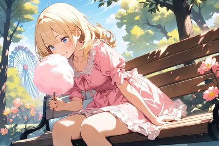 1girl, blonde hair, blue eyes, smile, pink dress, fluffy sleeves, looking down, happy, cotton candy, sticky fingers
BREAK
sitting, on bench, eating, dynamic pose, outdoors, daytime, park, trees, flowers, Ferris wheel, soft lighting, warm colors, masterpiece, high score, great score, absurdres