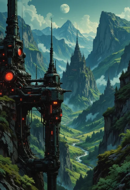 OBxiaoxiang, CAICO, inksketch black and red theme, detailed photorealistic image, a_skynet_cyberdyne_craft, the image is featuring a moonlit scene of a sci-fi cityscape of colossal buildings and towers in a green lush landscape, situated in a verdant valley emerging from mountain canyons, black and gunmetal grey alloy surfaces with high-end circuitry, red glowing diodes and lights, large depth of field. The sky is a dark blue, with a moon hanging low in the horizon