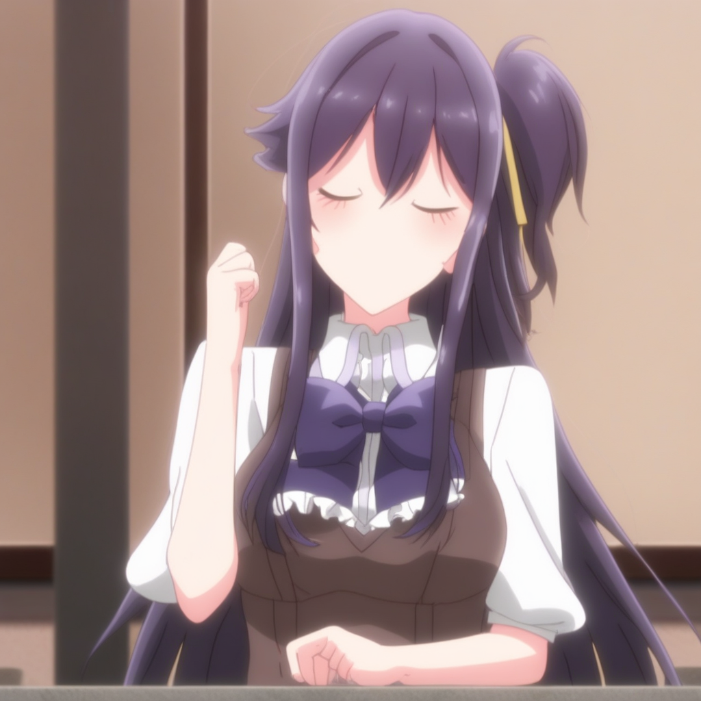 izumi shiho, ribbon, pantyhose, from below, cup, necktie, furude rika, vaginal, glaring, hair flaps, finger to mouth, school uniform, brown vest, dated, looking to the side, covered mouth, cat ears, single horizontal stripe, potted plant, maid apron, hand on own hip, purple flower, open jacket, frilled sleeves, enmaided, tray, window shade, closed eyes, holding plate, :d