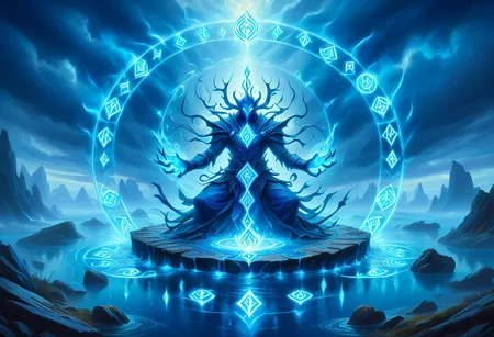 Glowing Runes, Glowing Rune Circle, a water elemental covered in blue glowing runes, surreal landscape art