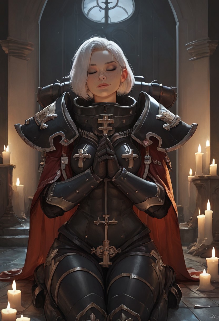 masterpiece, best quality, highly detailed, score_9, score_8_up, score_7_up, score_6_up, Expressiveh,1girl, Sororitas, s0r0r1t@s, white hair, short hair, bob haircut, bangs, makeup, freckles, sororitas, armor, shoulder armor, pauldrons, power armor, toned, natural breasts, kneeling, praying, eyes closed, moonlight, soft smile, beautiful background, cathedral, church, candlelight, night, moonlight, beautiful lighting