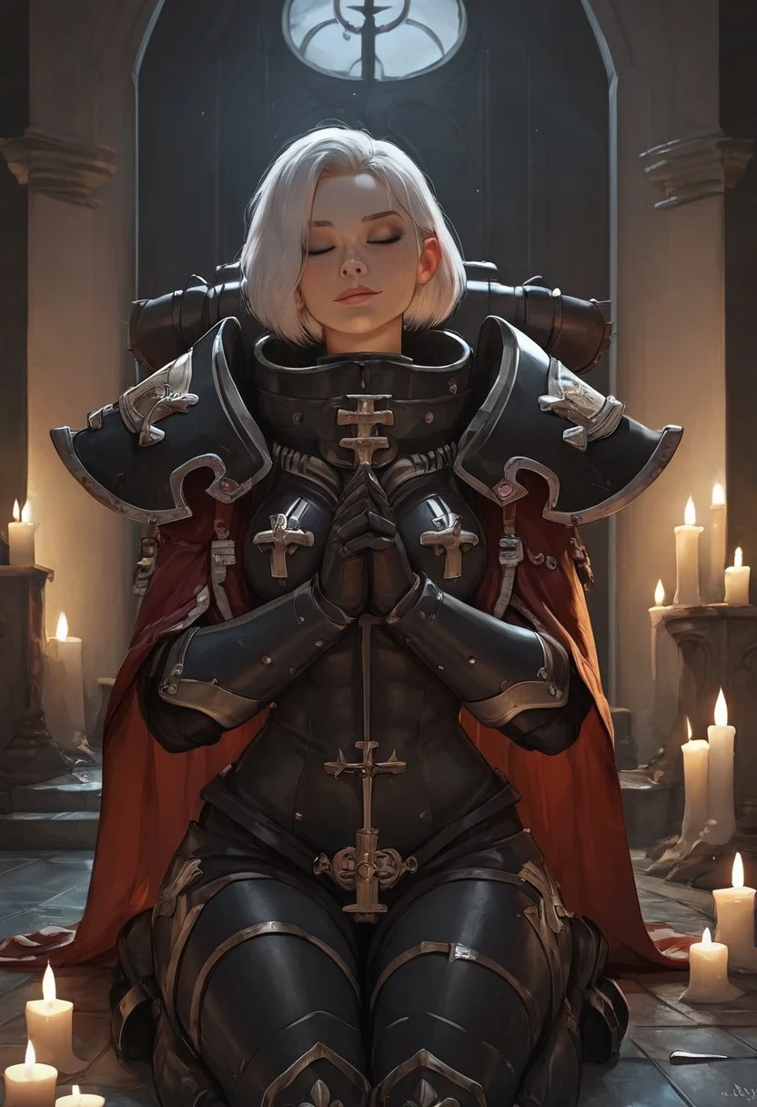 masterpiece, best quality, highly detailed, score_9, score_8_up, score_7_up, score_6_up, Expressiveh,1girl, Sororitas, s0r0r1t@s, white hair, short hair, bob haircut, bangs, makeup, freckles, sororitas, armor, shoulder armor, pauldrons, power armor, toned, natural breasts, kneeling, praying, eyes closed, moonlight, soft smile, beautiful background, cathedral, church, candlelight, night, moonlight, beautiful lighting