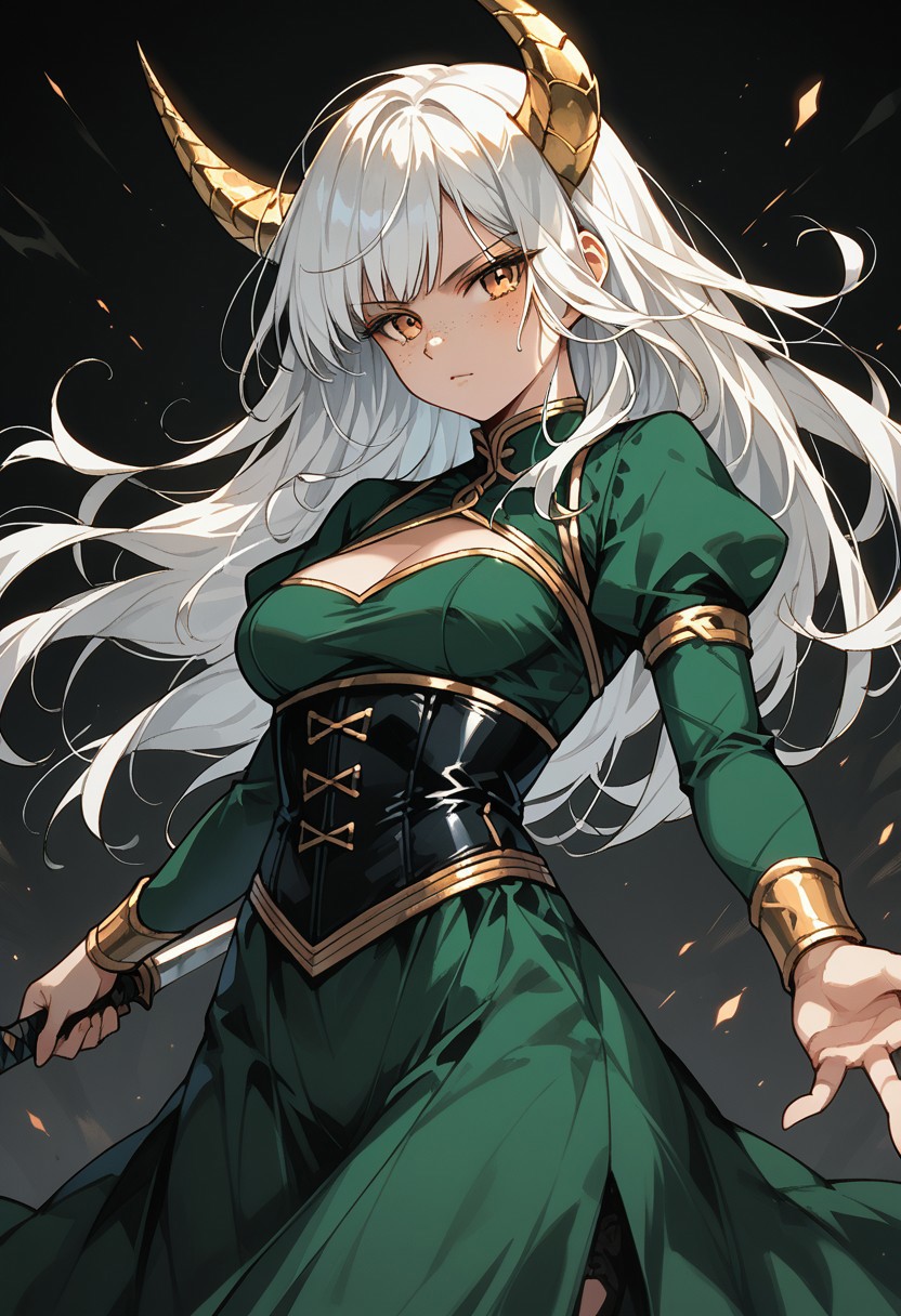 score_9, score_8_up, score_7_up, score_6_up, score_5_up, 1girl, solo, gold twisted ram's horns, freckles, white hair, long hair, long bangs, golden eyes, pale skin, green dress, medium breasts, black underbust corset, breasts cutout, medium shot, view from aside, holding weapon, blade, dynamic pose, action pose,
drknmv1