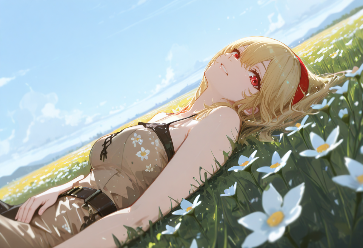 1girl, solo, anime coloring, anime artwork, unholy-aesthetic, masterpiece, best quality, newest, absurdres, highres, safe, CG, cinematic lighting, natural shadow, highest detail, detailed background, intricate scenery, depth of field, insane details, intricate, subsurface scattering, very aesthetic, serene atmosphere, artistic rendering, dramatic contrast, luminous elements, soft painterly texture, striking visual design, finely detailed face, beautiful face, CG, anime, source anime, illustration, high resolution, ultra-detailed, rule of thirds, masterpiece-level,
dutch angle, cinematic angle, safe, sfw, intricate scenery, (looking at viewer:1.5),
day, blue sky, clouds, (from side, from above:1.5), 
flower field, lying, lying on back, looking up,
<lora:kaelaIL:0.45> kaelaIL, long hair, medium breasts, red eyes, tsurime, (blonde hair:1.5), red headband, happy smile,
<lora:Mocha_Petal_Dress:0.7> Mocha_Petal_Dress, dress, bare shoulders, sleeveless, bare arms, floral print, spaghetti strap, brown dress, long dress,
 <lora:add-detail-xl:1>,
 <lora:748cm_illu:0.85> 7481llu,
<lora:USNR_STYLE_ILL_V1_lokr3:0.85> usnr,
 <lora:Simulacrum-v12-LUXL-LOHA-lr0005-v3:1>