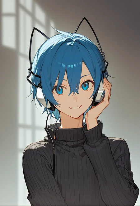 score_9, score_8_up, score_7_up, source_anime,  BREAK
masterpiece, best quality,
1boy, protagonist \(devil survivor\), blue hair, blue eyes, cat ear headphones, short hair, black sweater,
upper body, portrait, 
 <lora:ds_protagonist.pdxl:1>
(masterpiece, best quality:1), looking at viewer, smile,