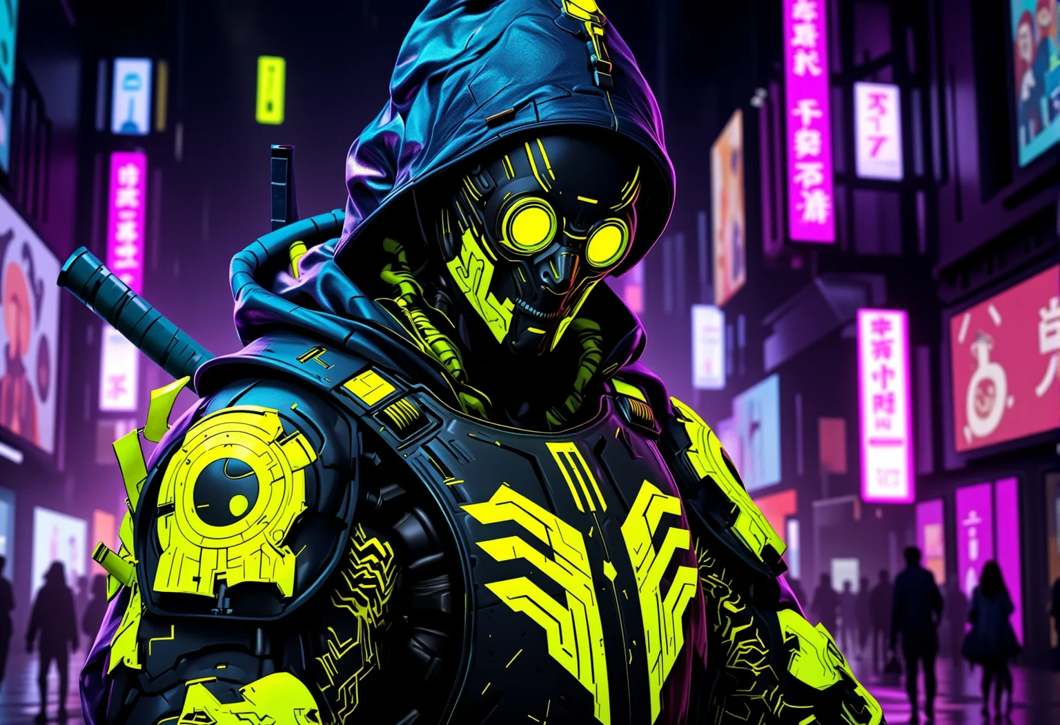 A cyberpunk warrior readying for battle, wearing glowing neon armor with bright circuit patterns, holding a cyber katana. The scene is set in a high-tech industrial zone with glowing rain reflecting neon lights. The character's face is covered with a high-tech visor. In the background, there are holographic projections of advertisements, creating a futuristic atmosphere. The lighting is neon lights casting bright reflections on the character's armor. The scene is further enhanced by bright holographic light sources. The overall style is a fusion of photorealistic cyberpunk aesthetics with high levels of detail. The color palette is dominated by acidic yellows and purples, creating intense contrast. Additional details include holographic effects floating around the character. Every image evokes a sense of cybernetic enhancements, with cinematic camera angles such as close-ups that focus on the character's face and armor details. Each character has unique augmentations like mechanical limbs, glowing eyes, or tech-infused armor. , <lora:bv-neoartsty.safetensors:1.0:1.0>