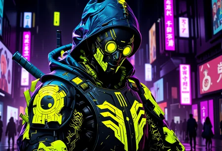 A cyberpunk warrior readying for battle, wearing glowing neon armor with bright circuit patterns, holding a cyber katana. The scene is set in a high-tech industrial zone with glowing rain reflecting neon lights. The character's face is covered with a high-tech visor. In the background, there are holographic projections of advertisements, creating a futuristic atmosphere. The lighting is neon lights casting bright reflections on the character's armor. The scene is further enhanced by bright holographic light sources. The overall style is a fusion of photorealistic cyberpunk aesthetics with high levels of detail. The color palette is dominated by acidic yellows and purples, creating intense contrast. Additional details include holographic effects floating around the character. Every image evokes a sense of cybernetic enhancements, with cinematic camera angles such as close-ups that focus on the character's face and armor details. Each character has unique augmentations like mechanical limbs, glowing eyes, or tech-infused armor. , <lora:bv-neoartsty.safetensors:1.0:1.0>