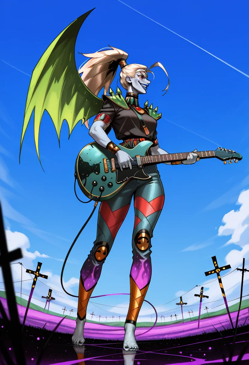 masterpiece, best quality, good quality, very awa, very aesthetic, absurdres, Alecto, evil smile, red eyes, single green wing, barefoot, black toenail polish, colored skin, grey skin, blue skin, blue lips, high long ponytail, blond hair,
,dressed in a bodysuit with acid wash jeans and a wide belt,Play a powerful electric guitar solo,body shot,side view, medium full shot seen from below,at the intersection of cosmic ley lines,Purple lavender fields contrast against the blue sky,The Hill of Crosses Lithuania,Napa Valley,Vintage Film Noir Lighting, <lora:Alecto-IL:1>,