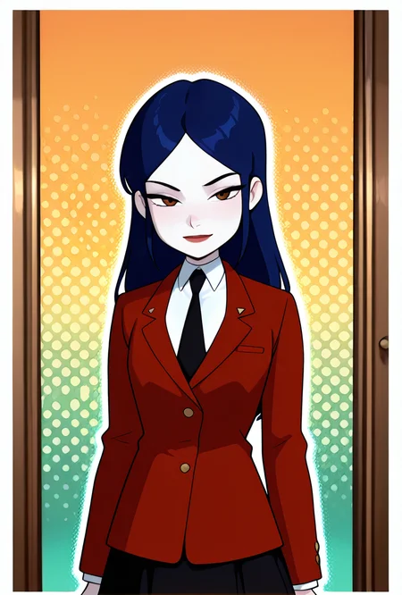 ((cartoon, screencap, abstract background, upper body, halftone effect, white borders, abstract background:1.2,))  <lora:tiffanyos:1> tiffanyos, 1girl, long hair, blue hair, parted bangs, black necktie, school uniform, black skirt, white  undershirt, lipstick, long red jacket, pale skin,, masterpiece, best quality, amazing quality, very aesthetic, absurdres, newest,, upper body, halftone effect, white borders, abstract background:1.2,