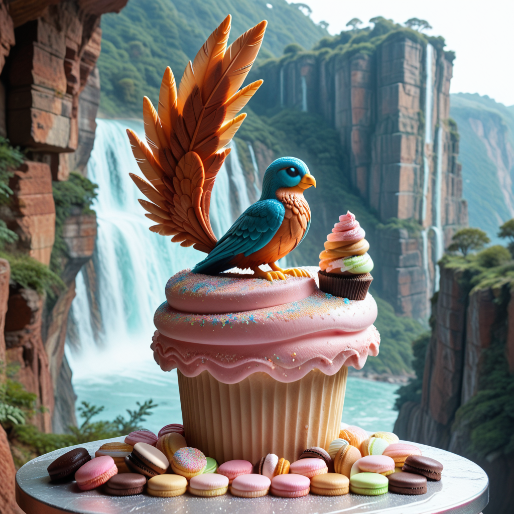 lazyup, peacock, vxc4k3, tail feathers fanned as multicolored macarons, perched on a sugar-crystal cliff, edible glitter plumage, backdrop of glaze-drizzled hills, intricate textures. <lora:vx_cake_pony:1.1000000000000003> <lora:TrendCraft_The_Peoples_Style_Detailer-v2.0A-3_13_2025-PonyXL:0.4000000000000001>