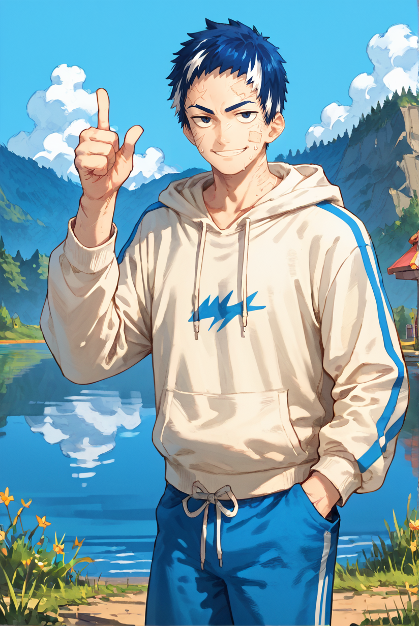 score_9, score_8_up, score_7_up,
 <lora:Versus_Style_Pony:0.7> versus_style 
 <lora:Hallow_Versus_for_PonyXL:0.8> 1boy, h4llow, one arm, scar, short hair, amputee, blue hair, white highlights,
smile, thumbs up, sweatpants, hoodie, outdoors, lake, solo, hand in pocket,