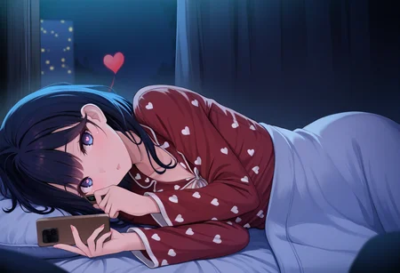 safe, masterpiece, best quality, dark background, night, bedroom, inside, curtains
BREAK 1girl, liverpool, slim, pajamas, red clothing, lying, on side, looking at viewer, holding phone, under covers, <3
<lora:Liverpool_NAIXL_v10:0.8>