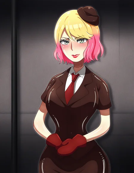 best quality, masterpiece, absurdres, detailed background, centered, centered, view, 1girl, inside, prison,
<lora:goldenbubblestf:1.3>, golden_bubble_tf, shiny skin, oily skin,
<lora:Catherine_Ward:0.8>, catherinesnt, multicolored hair, gradient hair,blonde hair,pink hair, short hair, dark green eyes,red lips,brown uniform, red necktie, red gloves, pencil skirt, hat,