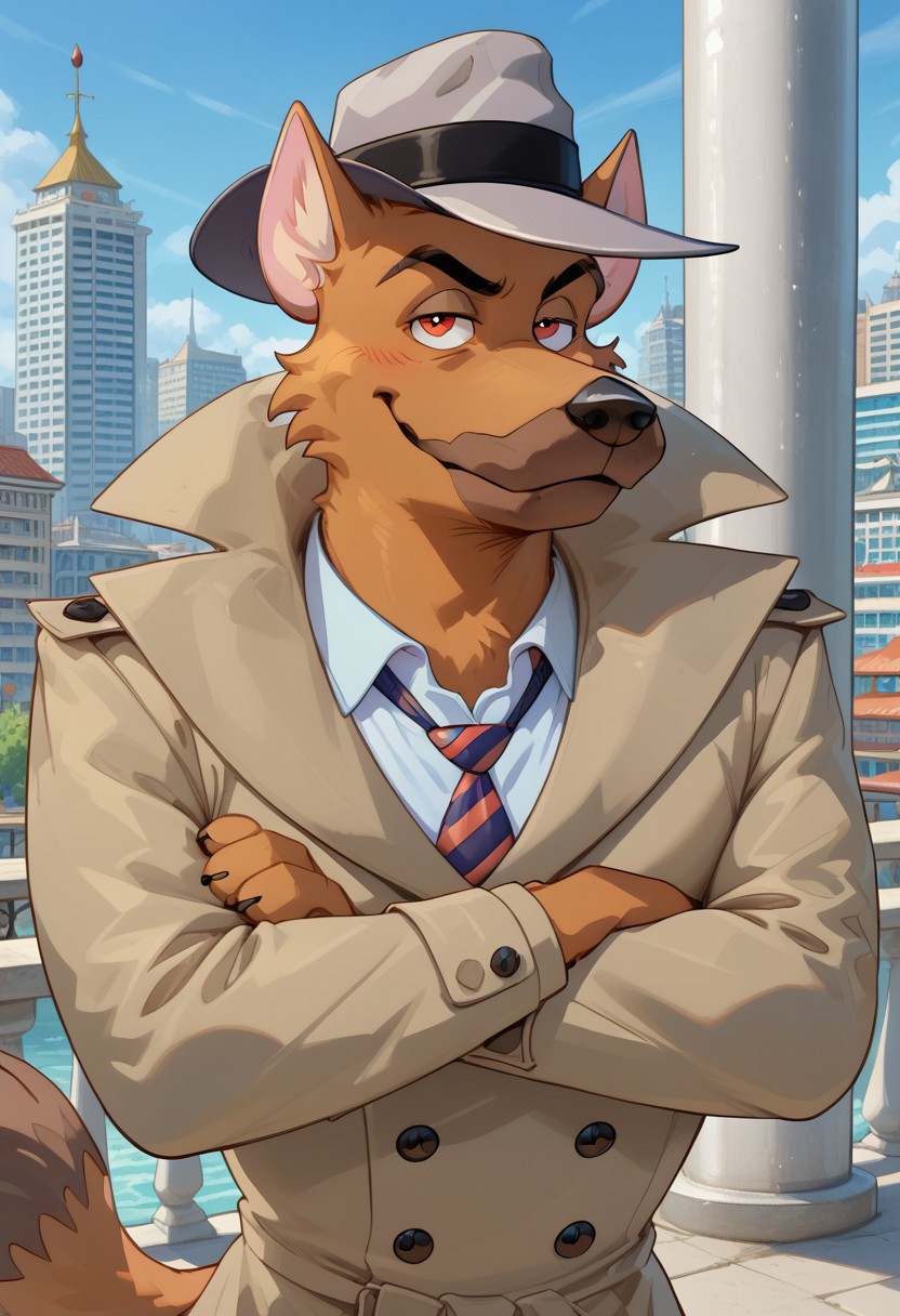score_9, score_8_up, score_7_up, AceHart, german shepherd, solo, 1boy, ((expressive)), ((body movement, hand movement)), outdoors, in city, standing near light pole, arms crossed, smug, grey hat, white business shirt, tanned coat, black pants, blue tie with red stripes, big iris, pupils shown, detailed bedroom, hi res, detailed eyes, eyes focus, perfect eyes, perfect face, best artwork, highly detailed