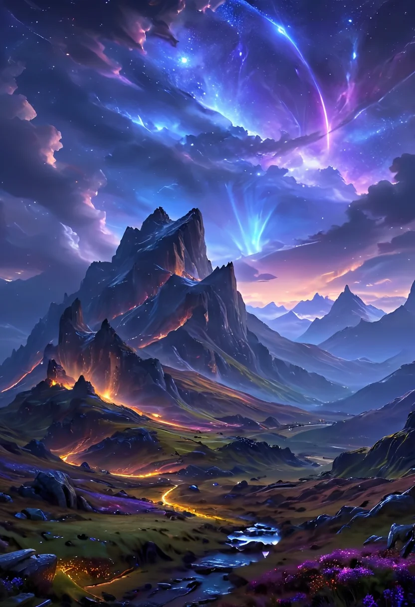 (((masterpiece))),(((best quality))),highres, 32k, a fantasy highland landscape with a galactic sky in the night <lora:More_interesting_backgrounds:1> IBG, introcated, breathtaking scenery, epic composition, highiest texture resolution, vivid colors, sharp focus, hyperrealistic, photorealistic, cinematic effect and lighting <lora:add_details_xl:1> <lora:add-detail-xl:1>