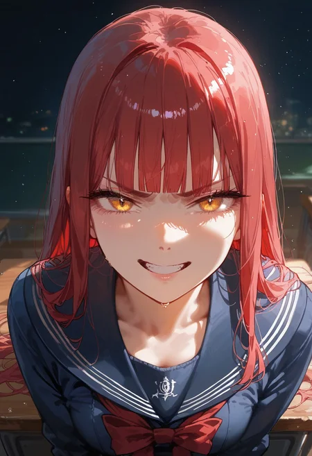 score_9, score_8_up, score_7_up, score_6_up, score_5_up, score_4_up, source_anime,
masterpiece, detailed, detailed body, 
, 
volumetric lighting, vibrant colors, light particles, godrays, warm light, 1dk, Expressiveh 
   shiny, shiny skin, skindentation, 
 1girl, solo, <lora:zs_SahoriXL_1:1> sahorismtv, long hair, blunt bangs, red hair, blue serafuku, long sleeves, blue skirt, white pantyhose, night, school classroom, evil grin, looking at viewer, from above, sitting on desk  
 Expressive eye,
Expressionless,