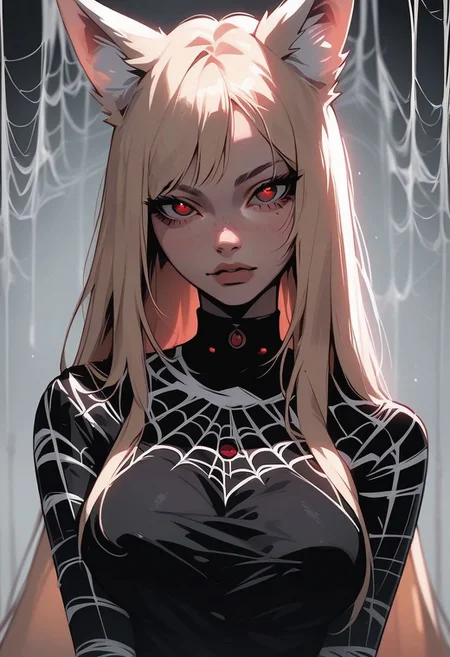 score_9, score_8_up, score_7_up, source_cartoon, looking at viewer, hourglass figure, face focus,
1 girl, solo girl, fox girl, fox ears , 4 pairs of eyes, pretty face, cute girl, large breasts, blonde hair, long hair, red eyes, arachne, long black nails
spider webs,
black liquid dress, cowboy shot,