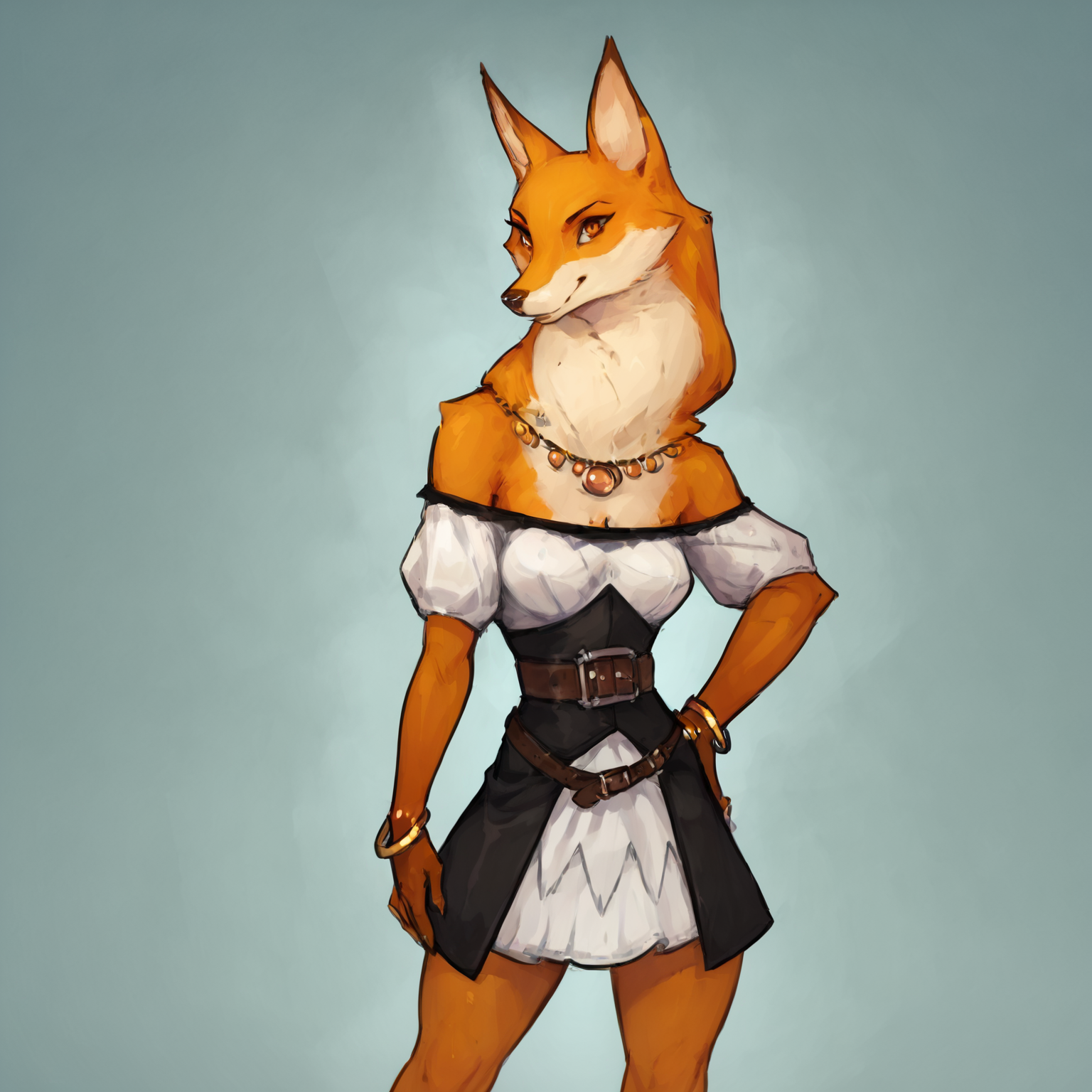 score_9, score_8_up <lora:Scarlet-PONY:1> scarlet, female, solo, standing, dress, belt, necklace, bracelet, looking at viewer, hand on hip