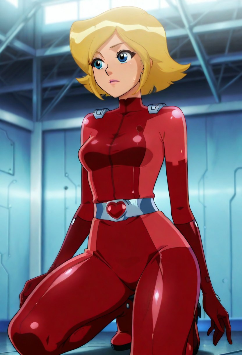 Erotic_style, uncensored, anime_coloring, anime_screencap, score_9, score_8_up, score_7_up, clear skin, ultra-detailed-eyes, soft skin, shiny skin, shiny hair, very awa, very as2, anime coloring, high resolution, amazing quality, absurdres, VOLUMETRIC LIGHTING, DEPTH OF FIELD, anime coloring, masterpiece, best quality, good quality, 1girl, solo, cartoon, totally_spies_2k24, cl0ver, blonde hair, blue eyes, red bodysuit, sexy body, medium breasts, narrow waist, wide hips, beautiful, detailed, high detailed, very beautiful, detailed face, detailed eyes, detailed hand, warehouse, looking away, kneeling on one knee,
