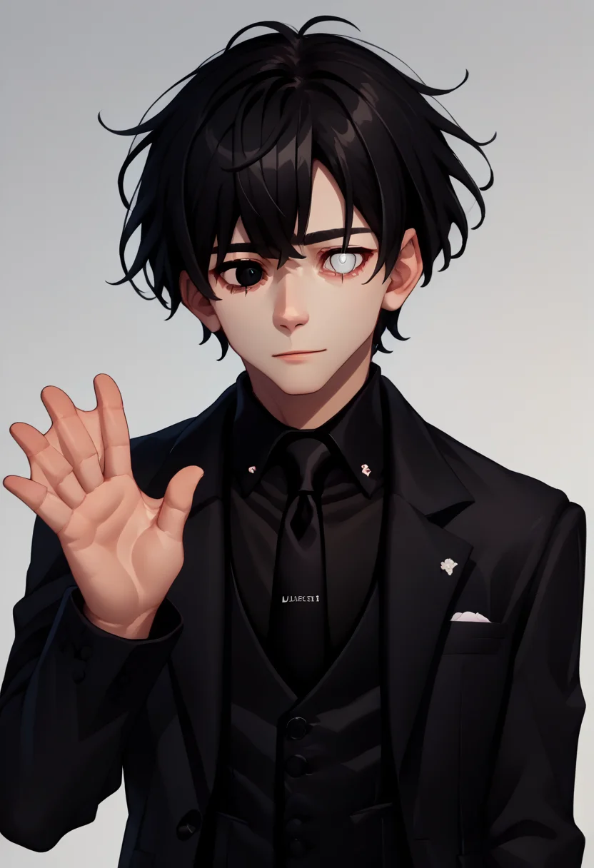 score_9, score_8_up, score_7_up, source_anime, webbed hands, waving, <lora:WebbedHand_XLPD:1>, upper body, 1boy, <lora:oc_justtnp_ponyXL:1> justtnp, heterochromia, black eyes, white eyes, formal, black jacket, black vest, black necktie, black hair,