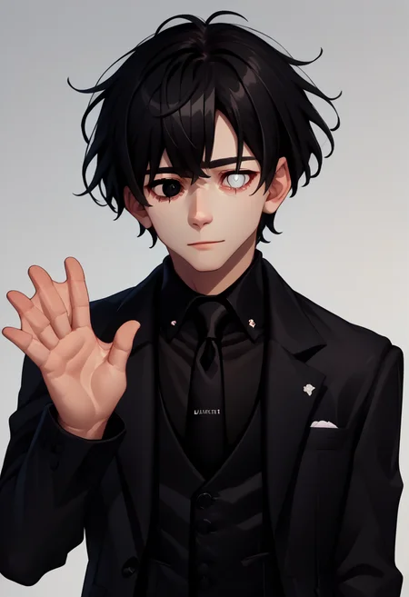 score_9, score_8_up, score_7_up, source_anime, webbed hands, waving, <lora:WebbedHand_XLPD:1>, upper body, 1boy, <lora:oc_justtnp_ponyXL:1> justtnp, heterochromia, black eyes, white eyes, formal, black jacket, black vest, black necktie, black hair,