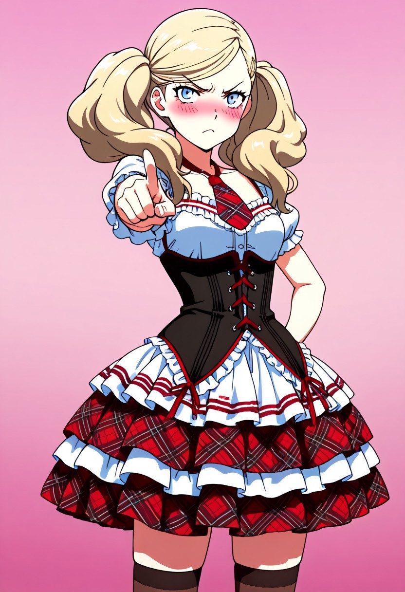 masterpiece,best quality,amazing quality,absurdres, anime_coloring,anime screencap, 1girl, solo, dfAnn, blonde hair, twintails, swept bangs, hairclip, blue eyes, collarbone, harsg dress, thighhighs, necktie, plaid skirt, corset, frills, gradient background, pointing at viewer, blush, angry, from below,