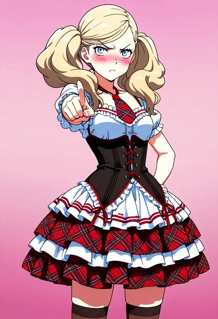 masterpiece,best quality,amazing quality,absurdres, anime_coloring,anime screencap, 1girl, solo, dfAnn, blonde hair, twintails, swept bangs, hairclip, blue eyes, collarbone, harsg dress, thighhighs, necktie, plaid skirt, corset, frills, gradient background, pointing at viewer, blush, angry, from below,