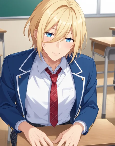 score_9, score_8_up, score_7_up, source_anime, anime screencap, depth of field, rating_safe, BREAK,
1boy, solo, yaoi, male focus, looking at viewer, cowboy shot, facing viewer,
<lora:tenshouin_eichi_pony:1> tenshouin_eichi_pony, blonde hair, blue eyes, medium hair, hair between eyes, bangs,
yumenosaki school uniform, blue jacket, white shirt, collared shirt, red necktie, black pants, plaid pants,
indoors, school, classroom, desk, sitting, arms at sides,
<lora:age_slider_v4:1.75>
