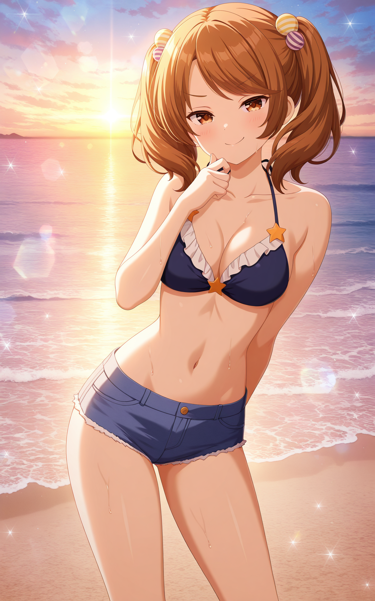 masterpiece, best quality, good quality, newest,4k, perfect lighting, cinematic, very aesthetic, official art, anime screencap, anime coloring,
1girl,solo,remi,brown hair,brown eyes,twintails,medium breasts,collarbone,bikini top,midriff,microshorts,thighs,
looking at viewer,smile,smug,standing,contrapposto,hand on chin,star \(symbol\),beach,sunlight,BREAK
<lora:ILremi:0.9>