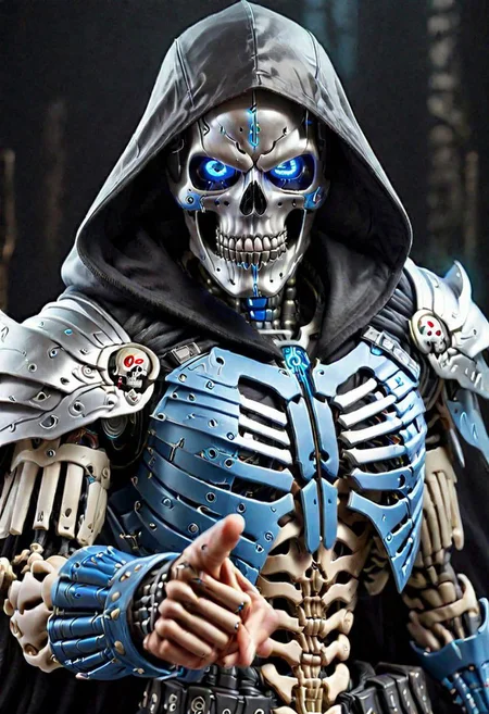 close up, Cyborg Assasin, black Hooded cape, (metalic hand), (Pointing Finger At Viewer)