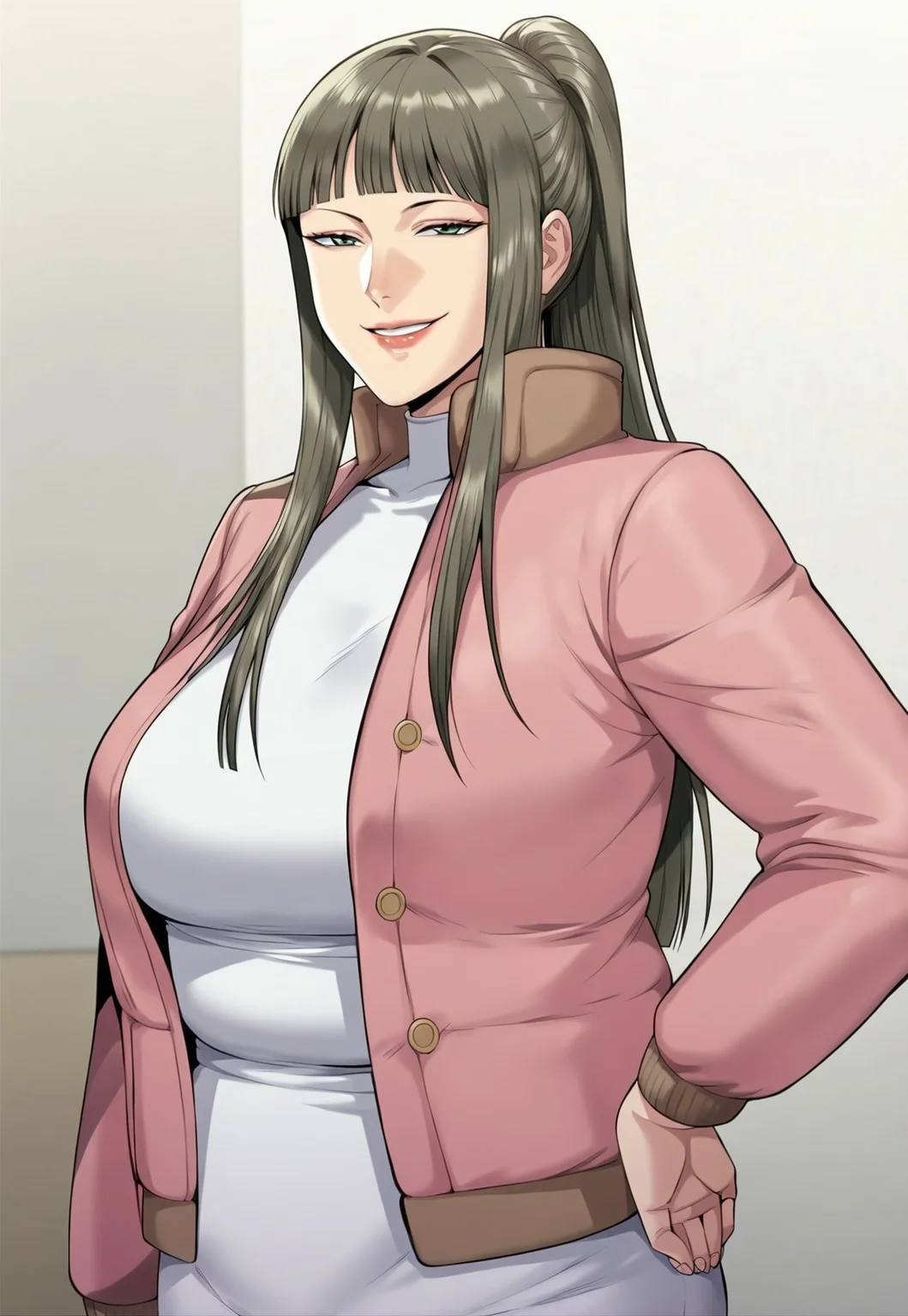 safe_pos, score_9, mature female, large breasts, brown hair, green eyes, long hair, ponytail, bangs, blunt bangs, breasts, jacket, pink jacket, open jacket, open clothes, Narrow shoulders, looking at viewer, smile, seductive smile, hand on own hip