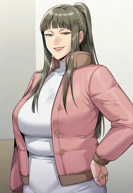 safe_pos, score_9, mature female, large breasts, brown hair, green eyes, long hair, ponytail, bangs, blunt bangs, breasts, jacket, pink jacket, open jacket, open clothes, Narrow shoulders, looking at viewer, smile, seductive smile, hand on own hip