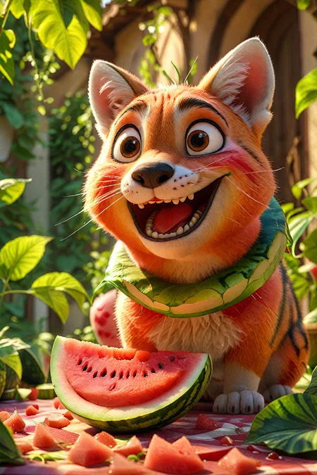 fox eats watermelon, <lora:add-detail-xl:0.64>, 8k, masterpiece, best quality, cinematic lighting, <lora:Cute_3D_Cartoon:1>, <lora:animeoutlineV4_16:0.32>, Designed by Bage
