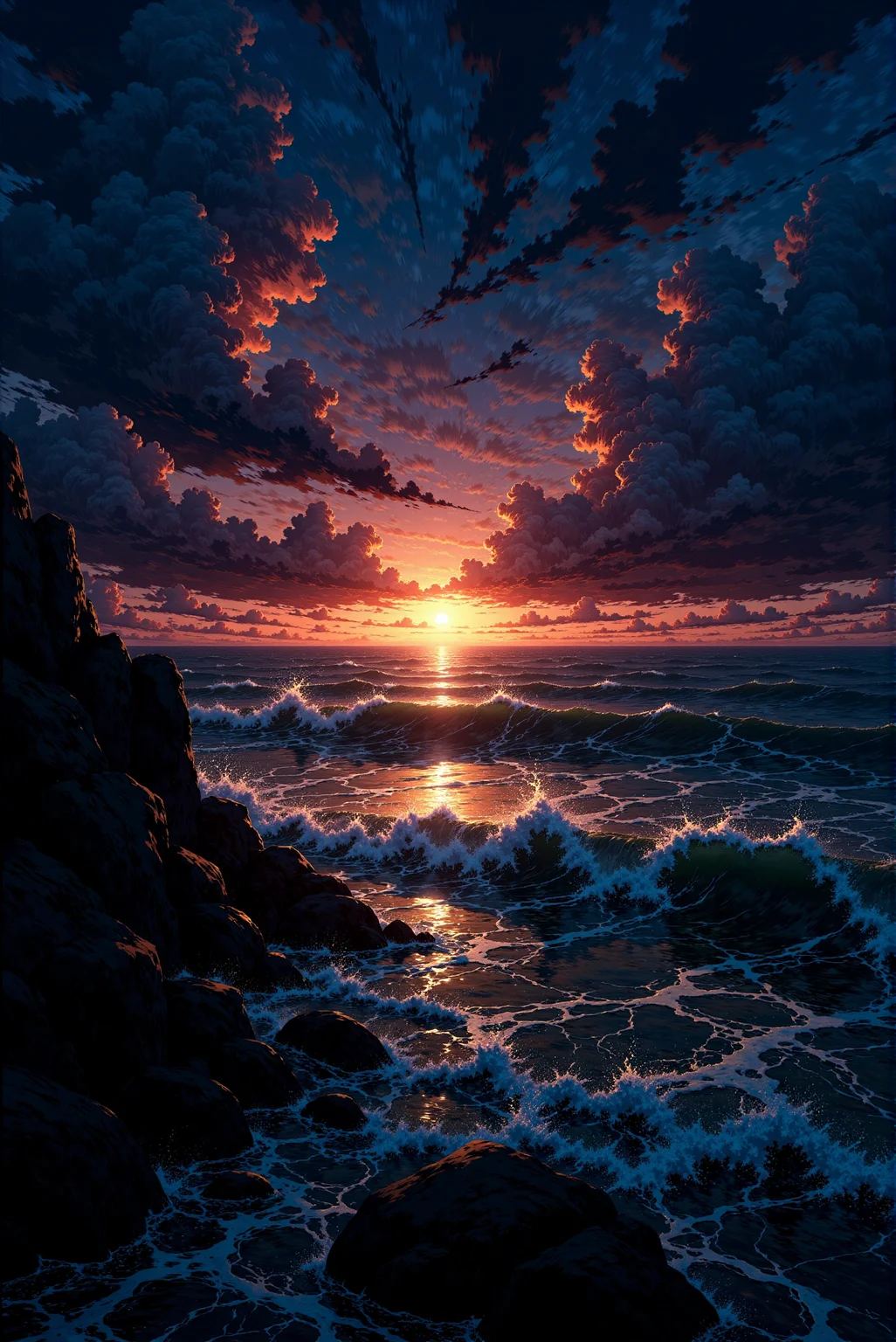 <lora:Anime_Sky:1.0> AnimeSky style. This image is a digital illustration capturing a dramatic, atmospheric seascape during a sunset. The scene depicts the ocean waves crashing against dark, jagged rocks at the shoreline, with the sun partially submerged in the water, creating a glowing path of light across the surface. The sky is a mesmerizing mix of dark, stormy clouds, tinged with shades of deep purple and blue, and lighter areas of orange and pink near the horizon, blending into the fiery sunset. The clouds are depicted in a stylized, somewhat abstract manner, with their edges and textures rendered in a way that conveys a sense of movement and depth. The sea, with its choppy waves, is rendered in deep, dark shades of blue and navy, with lighter, frothy white tops where the waves break. The rocks at the bottom of the image are textured and rough, with shadows and crevices detailed to give a sense of their rugged nature.