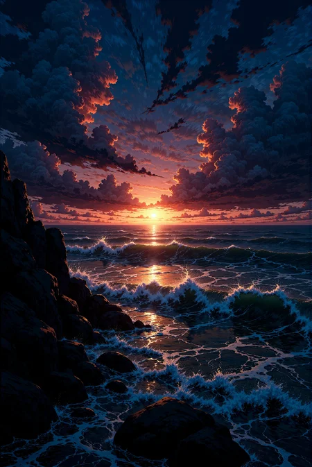 <lora:Anime_Sky:1.0> AnimeSky style. This image is a digital illustration capturing a dramatic, atmospheric seascape during a sunset. The scene depicts the ocean waves crashing against dark, jagged rocks at the shoreline, with the sun partially submerged in the water, creating a glowing path of light across the surface. The sky is a mesmerizing mix of dark, stormy clouds, tinged with shades of deep purple and blue, and lighter areas of orange and pink near the horizon, blending into the fiery sunset. The clouds are depicted in a stylized, somewhat abstract manner, with their edges and textures rendered in a way that conveys a sense of movement and depth. The sea, with its choppy waves, is rendered in deep, dark shades of blue and navy, with lighter, frothy white tops where the waves break. The rocks at the bottom of the image are textured and rough, with shadows and crevices detailed to give a sense of their rugged nature.
