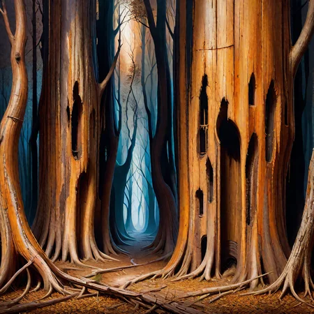 surrealism painting, 16k, (extreme detail:1.15), fine textures, ((dark shadows)), dark, sharp lines, ((decay flatwoods)), vivid colors. beautiful. revealing. masterpiece. cracked. Hungarian architecture, highly detailed, fine art, award winning, sharp, intricate details, realistic shaded lighting poster by Stephen Bliss, Eugene de Blaas, Frederic <lora:Wood-world_XL:1> in the style of wood-world_XL