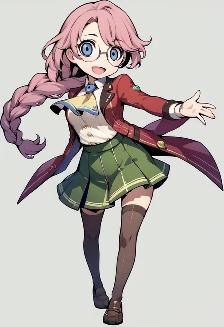 score_9, score_8_up, score_7_up, source_anime, 1girl, open mouth, smile, <lora:PQ-Style-pdxl_Fp:1> simple background, full body, chibi, <lora:emma-rebake3:1> emmathors, ascot, blue eyes, braided ponytail, breasts, glasses, loafers, long hair, pink hair, pleated skirt, red jacket, single braid, thighhighs, white shirt, green skirt