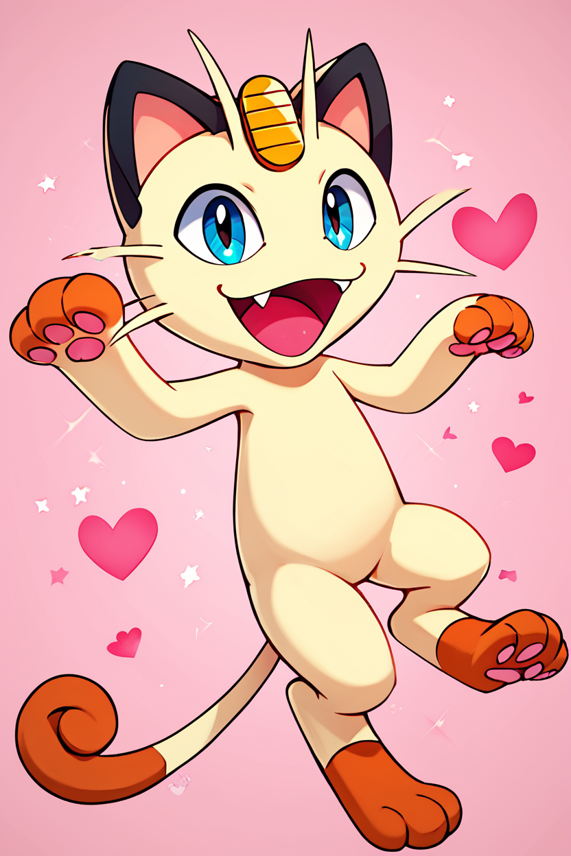 score_9, score_8_up, score_8,  ,,,  zzMeowth, smile, open mouth, full body, heart, fangs, jumping, pokemon move,  ,<lora:MeowthPokedexPDXL:0.8>,   ,,, ,,, embedding:zPDXL, Expressiveh, <lora:CatalystStylePDXL:0.6>,  <lora:SDXLFaeTastic2400:0.5>,  <lora:Expressive_H-000001:0.4>,