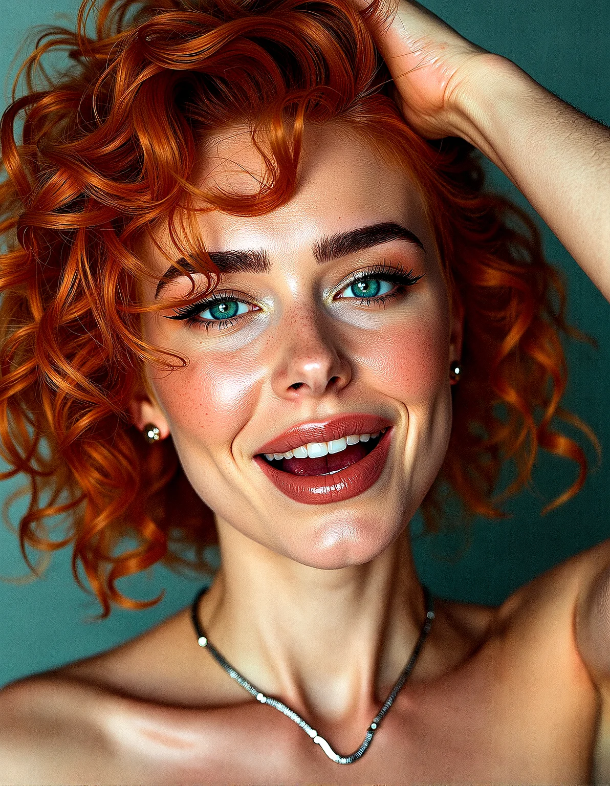 An upper body image of a beautiful lady with curly orange hair, aqua eyes, and bold eyeliner. She has thick eyebrows and long eyelashes, and her lips are shiny and full. She wears a necklace jewelry, and a helix piercing. The extreme realism focuses on her detailed skin, showing fine textures and natural highlights.
The background is A complex web of intersecting lines in different colors and thicknesses.Dots arranged in a grid or random patterns, with varying sizes and densities.
Subtle skin pores and natural texture on the face and neck, Realistic light reflections on the surface of the eyes, Slightly raised veins visible under the skin on the neck, Subtle veins visible on the eyelids under certain lighting, Realistic reflection of light on the glossy lips, following their curvature, Soft reflections on the necklace, enhancing its metallic look
one arm raised, shading her eyes as she looks into the distance with a serene smile, her mouth are wide open revealing her teeth and tongue