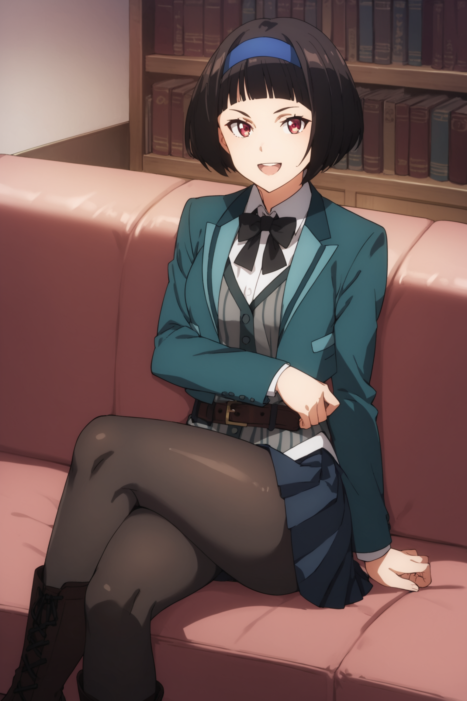 score_9, score_8_up, score_7_up, score_6_up, score_5_up, source_anime, rating_safe, medium breasts, indoors, library, 1girl, solo, looking at viewer, kazuki ferrari, short hair, black hair, bob cut, blue hairband, school uniform, green jacket, white shirt, bowtie, vest, belt, pleated skirt, pantyhose, boots, <lora:Kazuki_Ferrari:0.8>, smile, (smirk:1.2), open mouth, sitting on sofa, crossed legs, full body
