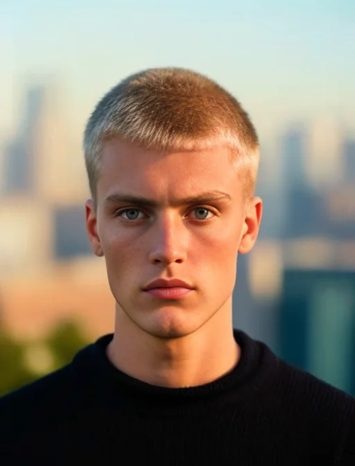 (8k, RAW photo, best quality, masterpiece:1), (realistic, photo-realistic:1), ultra-detailed, (high detailed skin:1), 8k uhd, dslr, soft lighting, high quality, film grain,  blondboy, men person, low camera, chin up, long hair, looks into viewer, cityscape background  <lora:PrettyBoy:0.5> <lora:BLONDBOY:1>