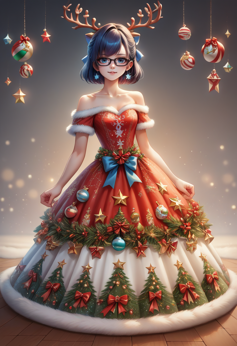 score_9, score_8_up, score_7_up, source_anime,female, <lora:wrenchsjoyfuljinglepdxl:1>,wrenchsjoyfuljingle, fur-trimmed dress,  <lora:a-chanXL:0.8>,chan_misc, black-framed eyewear, blue bow, hair bow