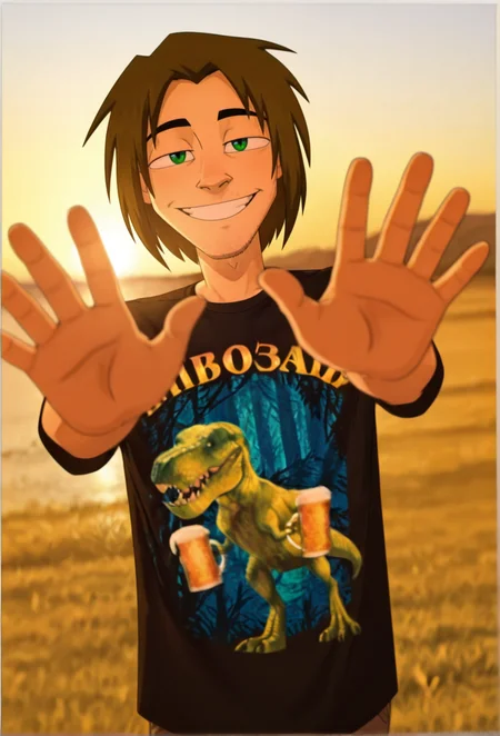 golden hour shot of masterpiece, perfect face, beautiful face, perfect hands, beautiful hands, dark theme,
<lora:dimon-30:1> dmnwf, solo, 1boy, male focus, shirt, short hair, brown hair, green eye,
Alone at a party with a smile on your face
detailed backgroud,foreshortening,blurry edges, soft lighting, intricate details , depth of field, foreshortening,(masterpiece, best quality), safe, amazing quality, very aesthetic, absurdres, highres, newest, <lora:ФÑÑболка_ÐивозавÑ__Beersaur_T-shirt_Clothing_for_Illustrious:1> b33rs4ur, shirt print, black t-shirt. Warm light, sunset/sunrise, magical, serene